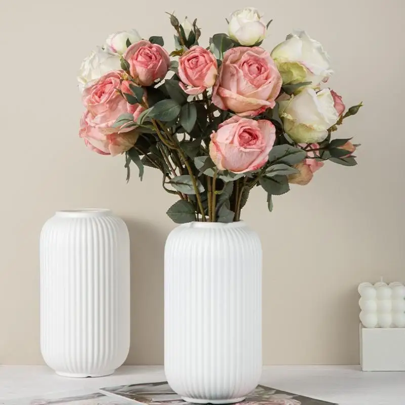 Hot Sale Chic Striped Ceramic-Look Plastic Vase For Flowers - Durable, Easy-To-Place Decorative Floral Display Piece