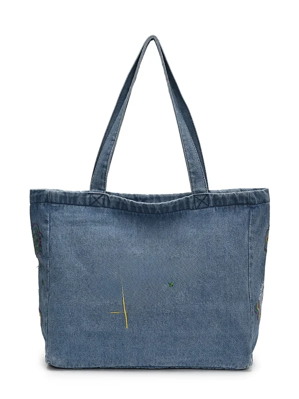 

Korean Sle Versatile Large Capaci Denim oulder Bag Women's 2025 New Trend Embroidery Retro Student Commuter Bag