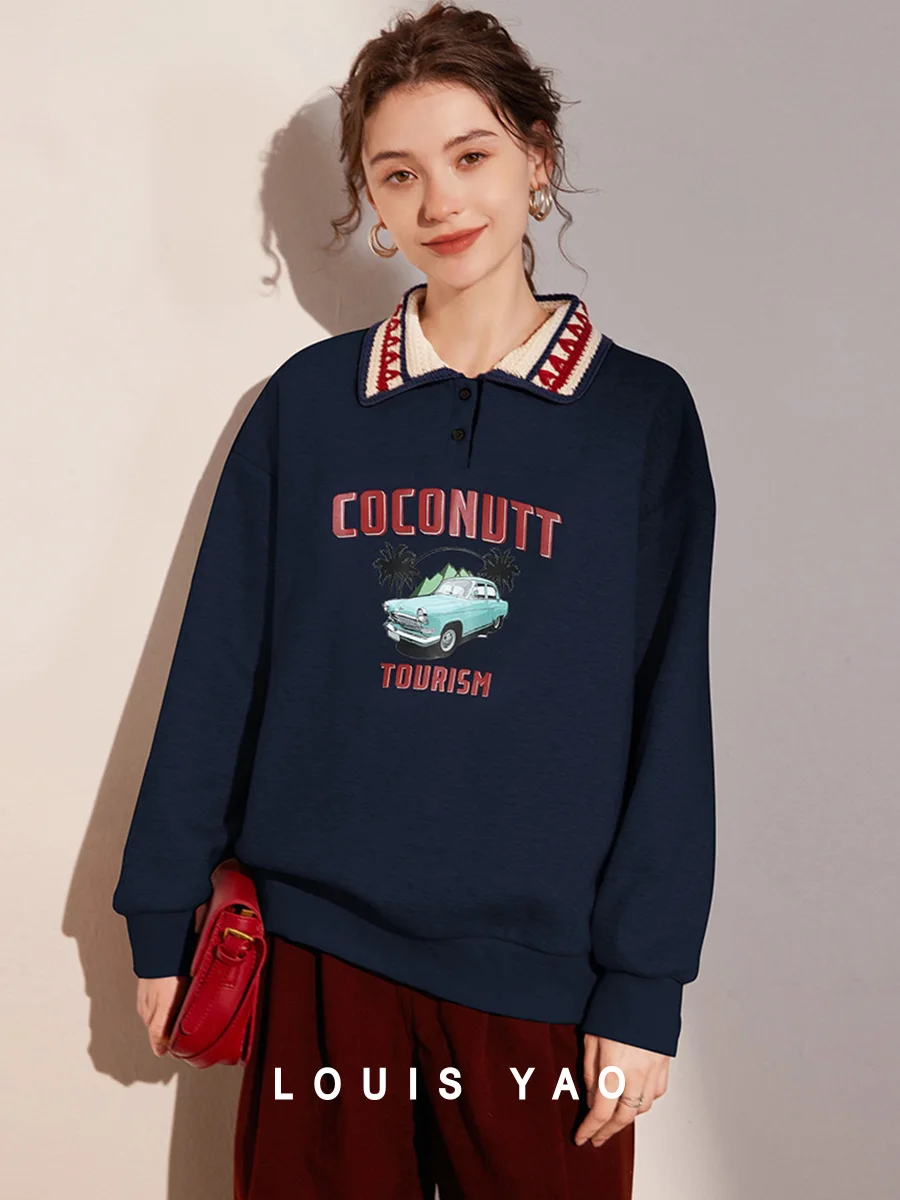 

LOUIS YAO 2024 Winter Thick Velvet Contrast Color Collar Cartoon Letter Printed Loose Aging Long Sleeve Women's Hoodie