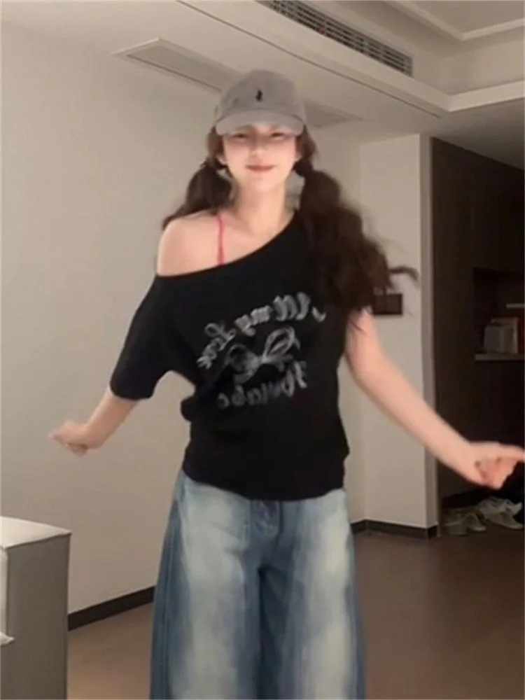 Faionable American Hot Girl Bla Asymmetrical oulder ort Sve T-irt Women Summer  Knot Print Loose ould...