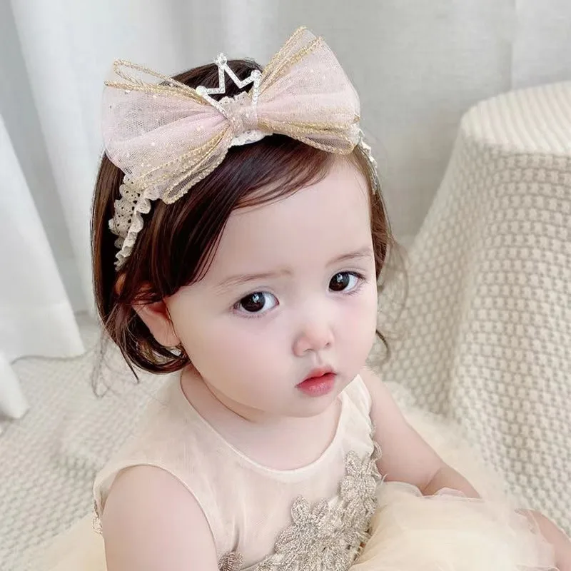 

1PC Lovely Glitter Shiny Hair Clip Elastic Lace Pearl Headband Baby Bow Crown Hair Band