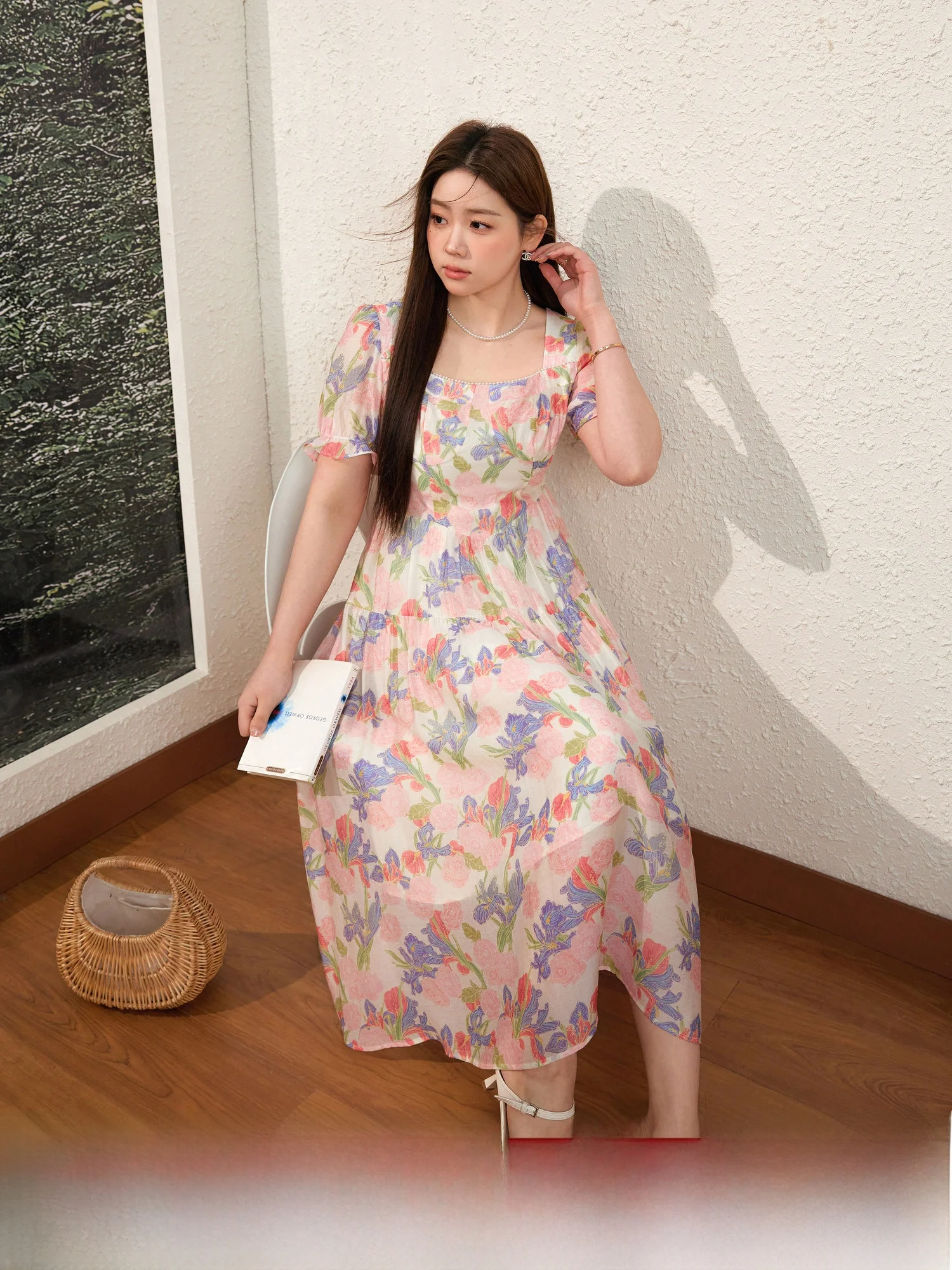 

Ele Large Size Women's Dr Blue Language Summer New Sle Slimming Floral Print Waist-Cinching Beautiful Dr