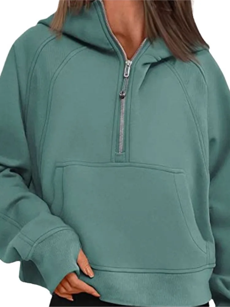 2025 Women's Solid Hoodies Autumn Half-open Zip Up Pocket Loose Hoodie Fashion Sportswear Clothing Hooded Tops Casual Sweatshirt