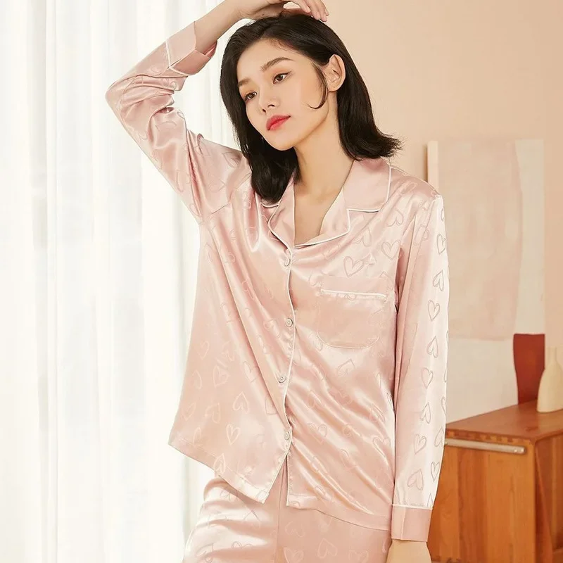 Spring Autumn 2 Piece Print Heart Women Sleepwear Faux Silk Satin Pajamas Set Long Sleeve Sleepwear Pajama Suit Female Homewear