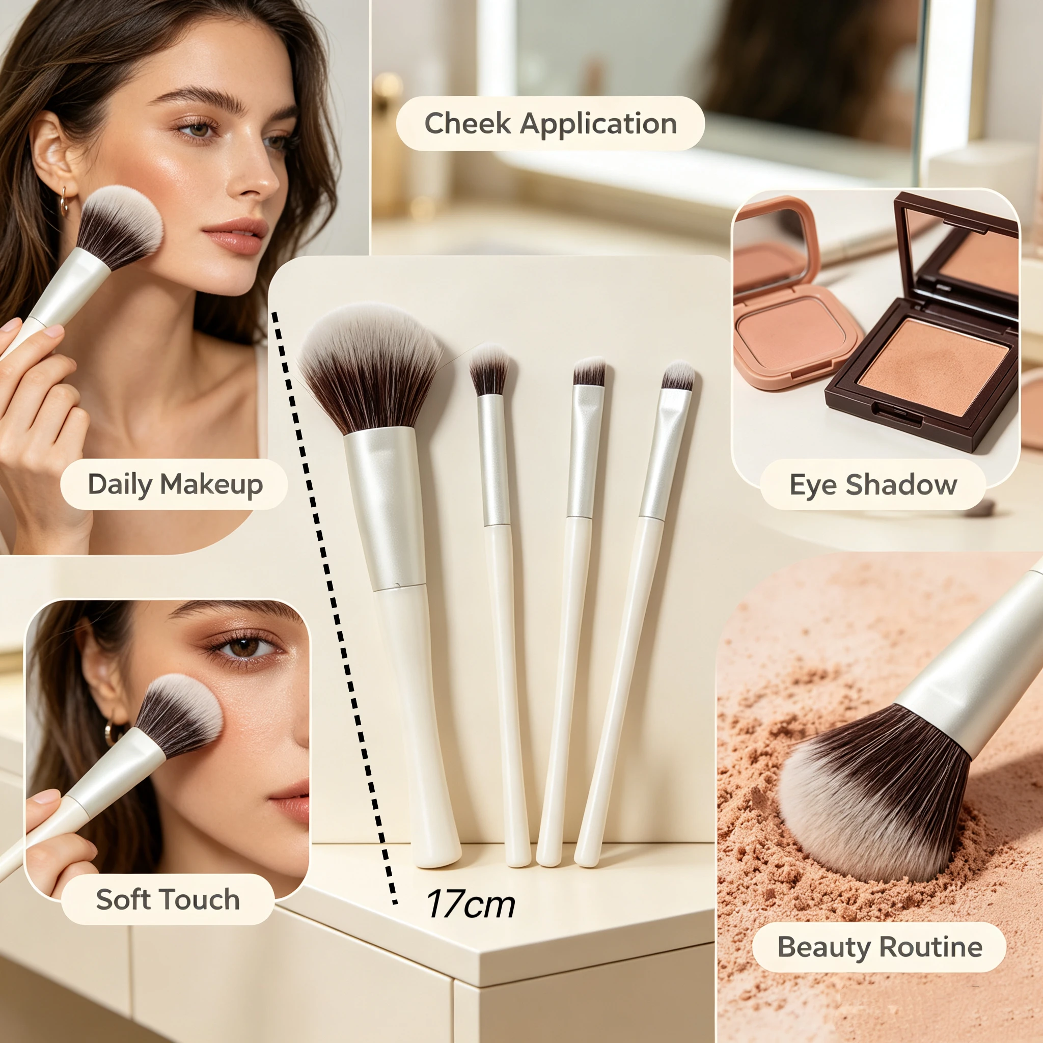 4-piece makeup brush set: soft, non-shedding brushes for blush, loose powder, and eyeshadow—essential makeup tools.