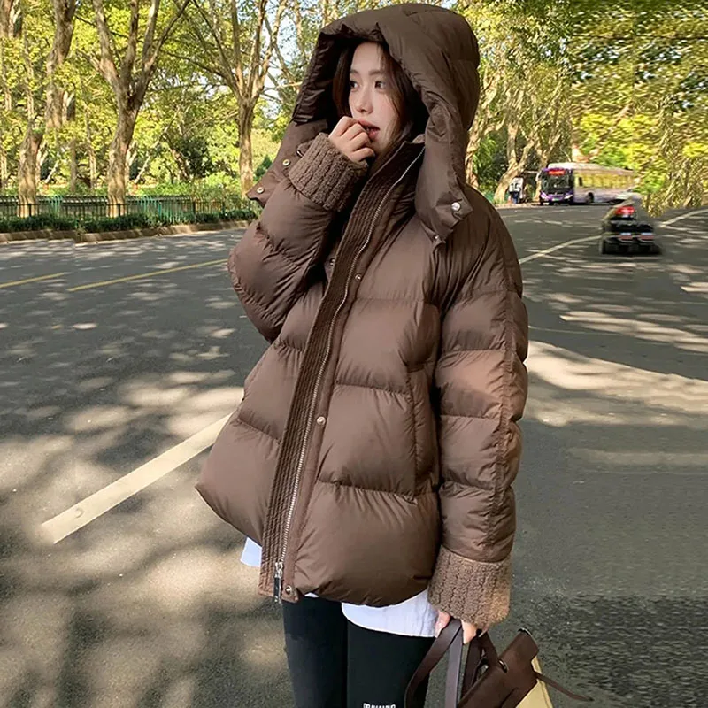 Coffee Color Down Cotton Jacket Womens Winter New Lamb Wool Collar Padded Coat Thicke Female Detachable Hooded Parker Outerwear