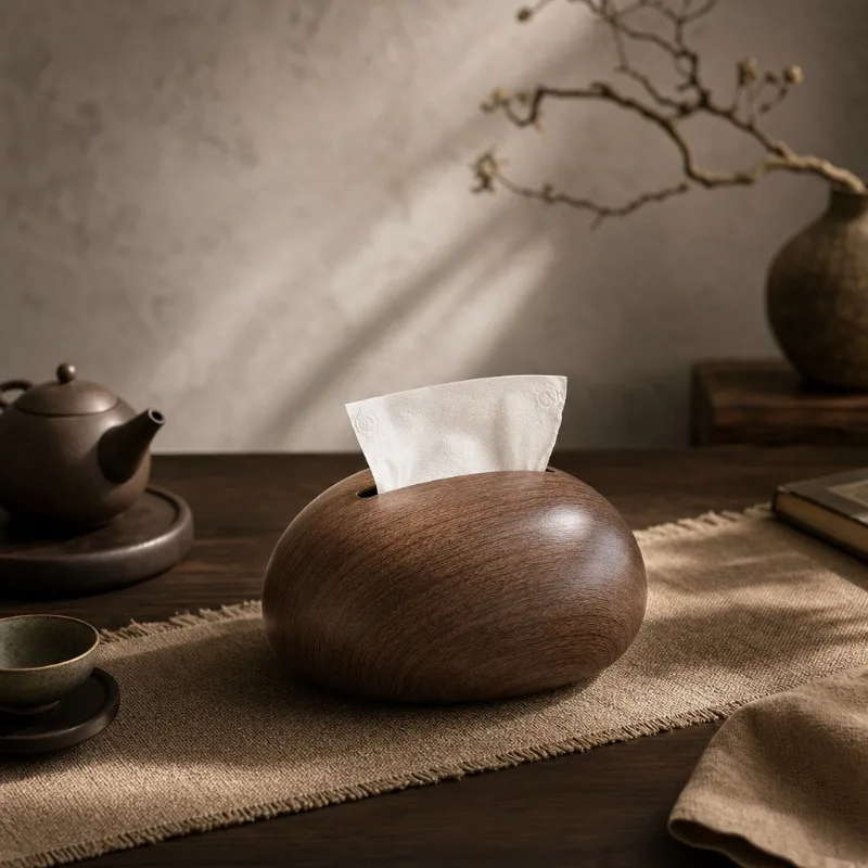 Creative Walnut Grain Pebble Tissue Box for Living Room Coffee Table Decor Dining Table Pull-Out Tissue Box Store Napkin Holder