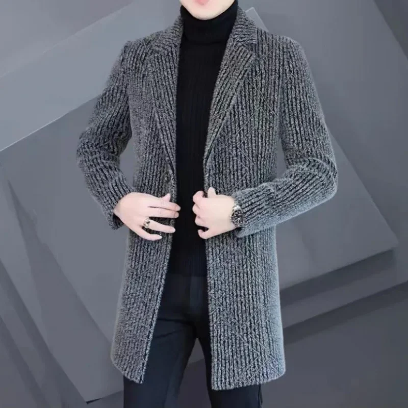 2024 High-end Feel Men Fashion Handsome All Woolen Coat Suit Collar Long Trench Coat Woolen Coat Thick Casual Winter Jacket Men