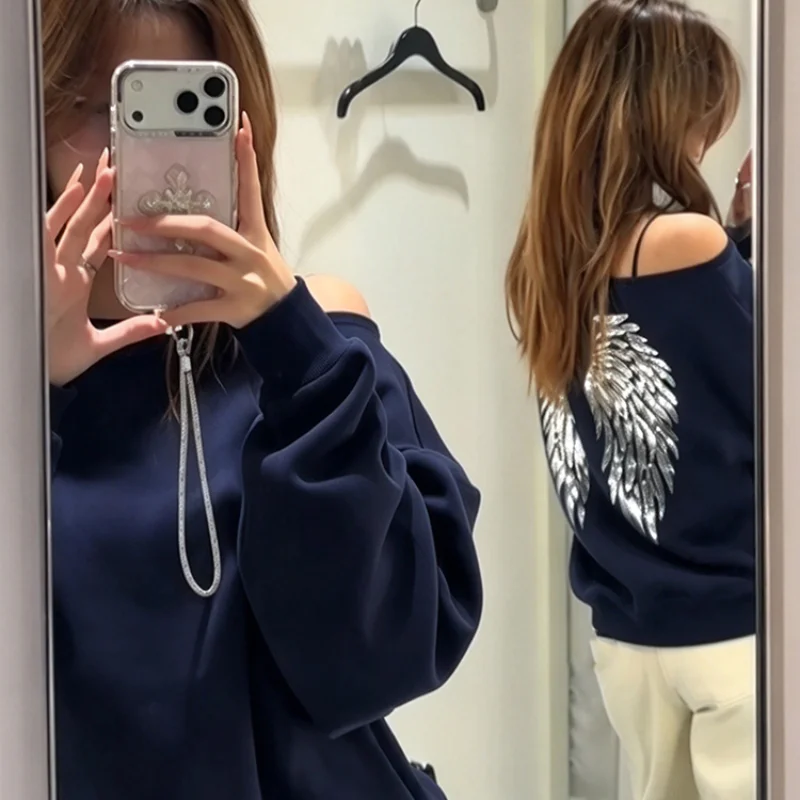 Sequins Wing Pattern Pullover Chic Off The Shoulder Collar Casual Long Sleeve Loose Sweatshirt 2026 New Street Daily Women's Top