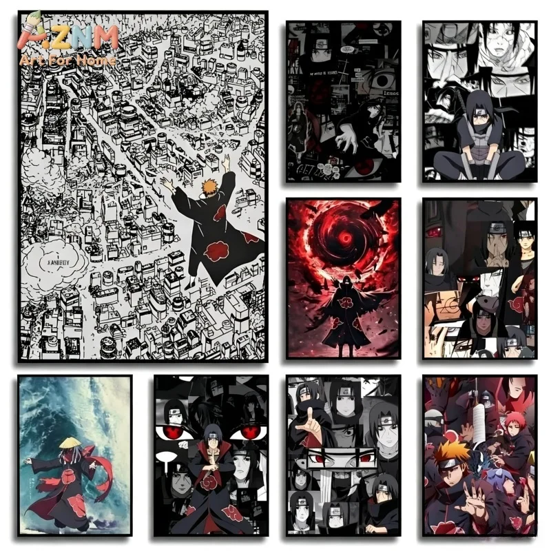 Image of AZNM Naruto Uchiha Itachi Pain Akatsuki Manga Leinwanddruck Schwarz-Weiß Anime Wandkunst Poster Heim Schlafzimmer Deko Leinwanddruck