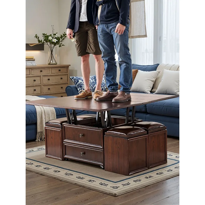 American solid wood multi-functional lifting coffee table dining table dual-purpose two-in-one mobile small apartment folding st
