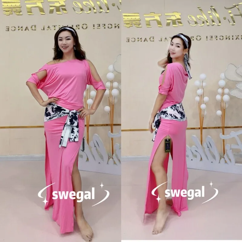 

Customized Swegal Belly Dance Costumes Practice Dress Pink Modal Swinging Collar Robe Four Piece Set Gentle Elegant White