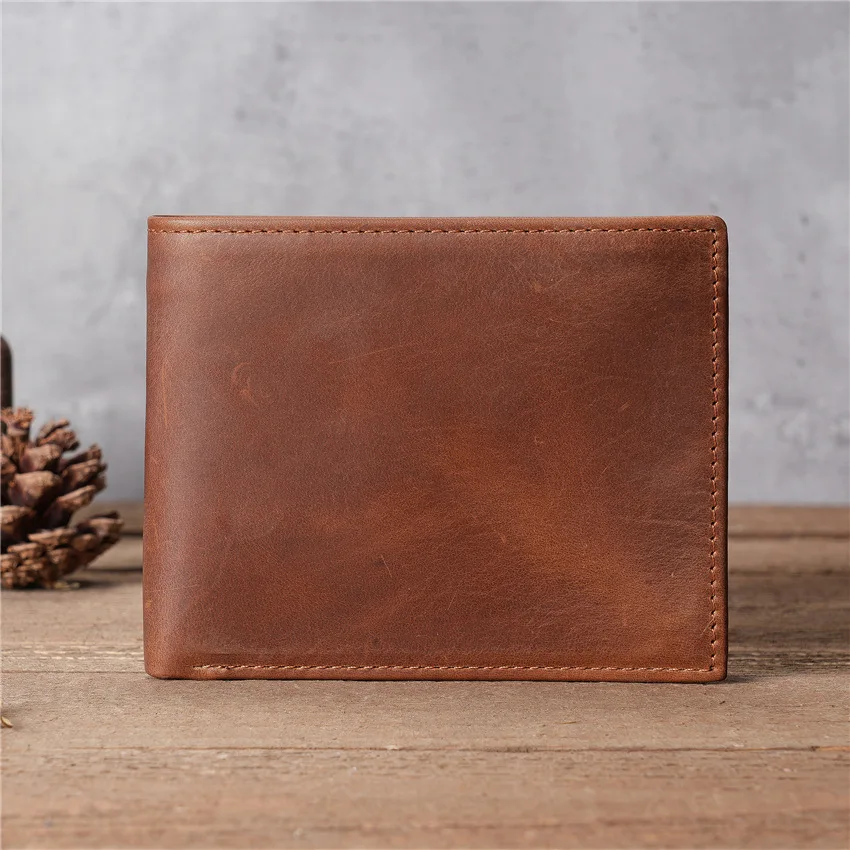 1117 Men's Biffold Retro Genuine Leather Wallet Crazy Horse Leather Short Multi Slot Wallet Casual Card Bag