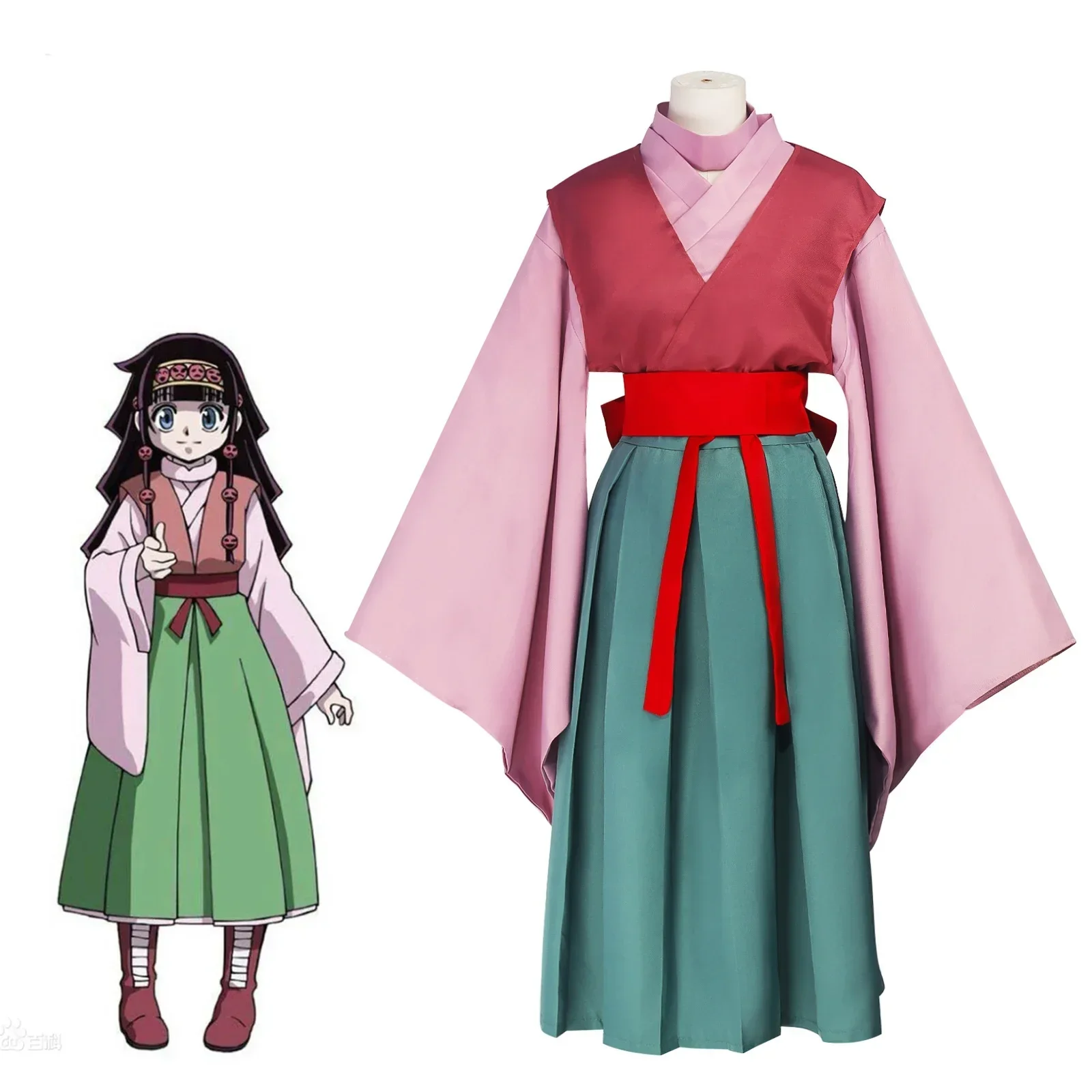 

Alluka Zoldyck Cosplay Costume Pink Green Japanese kimono Woman Anime Cosplay Costume