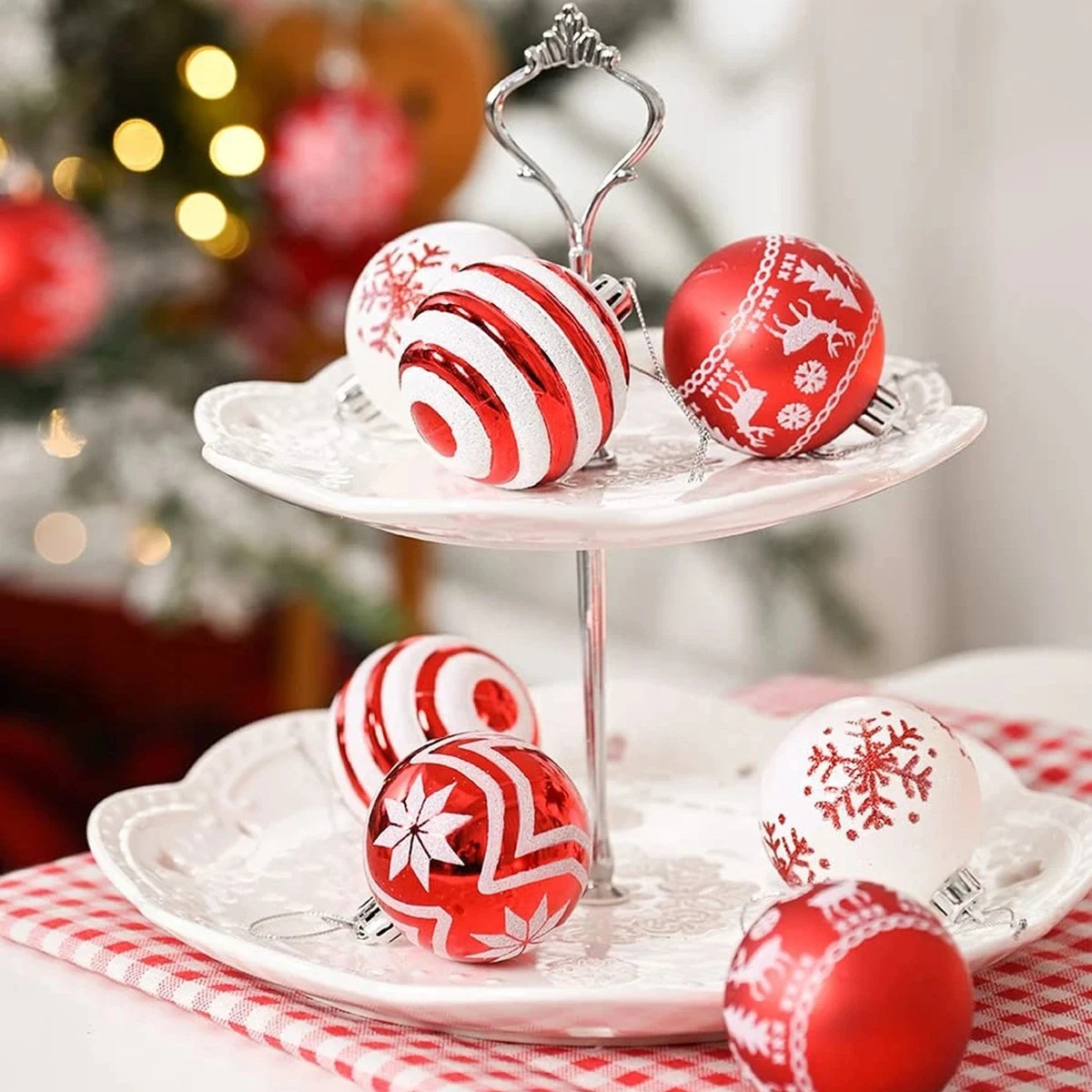 24Pcs Christmas Ball Ornaments,Red and White Christmas Ornaments for Tree Pre Strung Plastic Xmas Tree Decorations view 5