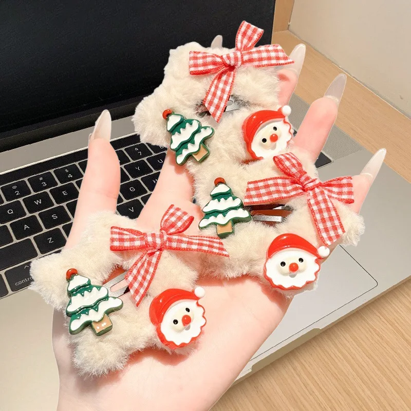 

Red Plush Star Hair Clip for Women Christmas Theme Bow Side Headwear Retro Hair Accessory