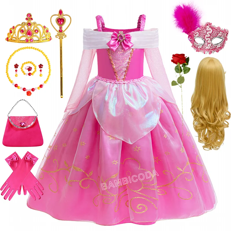 

Розовое платье принцессы Авроры для девочек, карнавальный костюм Спящей красавицы, летние платья на бретельках с цветочным принтом розы, детское элегантное платье, От 2 до 10 лет