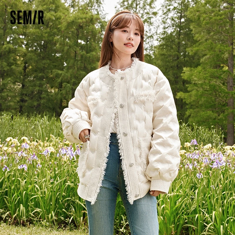 Semir Down Jacket Women Design, Temperament Trendy 2023 New Autumn Round Neck Loose Tassel Fragrance Style Down Jacket