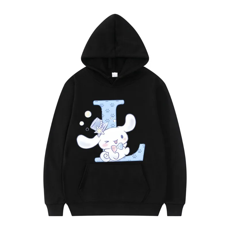 Sanrio Plus Size Fashion Cinnamoroll Women\'s Black Hoodie Letter Sweatshirt Dress Kawaii Anime Cartoon Casual Top