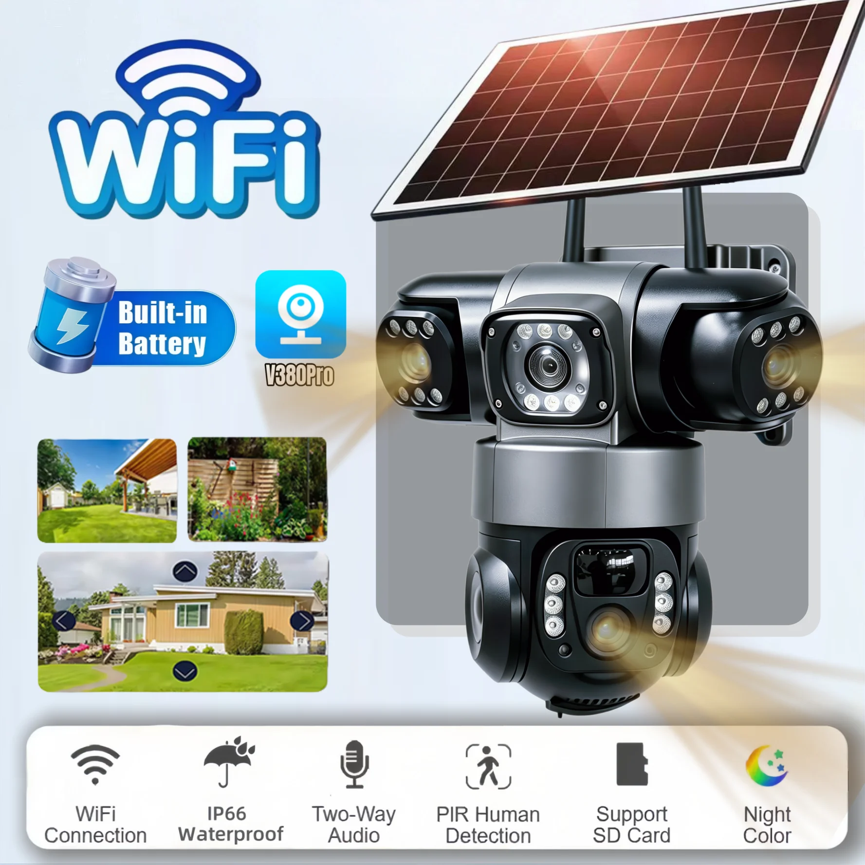 V380 Pro 15MP Solar Camera Three Lens Outdoor IP66 Waterproof Built-in Battery Security CCTV HD WiFi Network Camera PIR human Detection, Alarm Notification, Two-Way Audio, Night Vision, Video Playback, Remote View, Push Notification