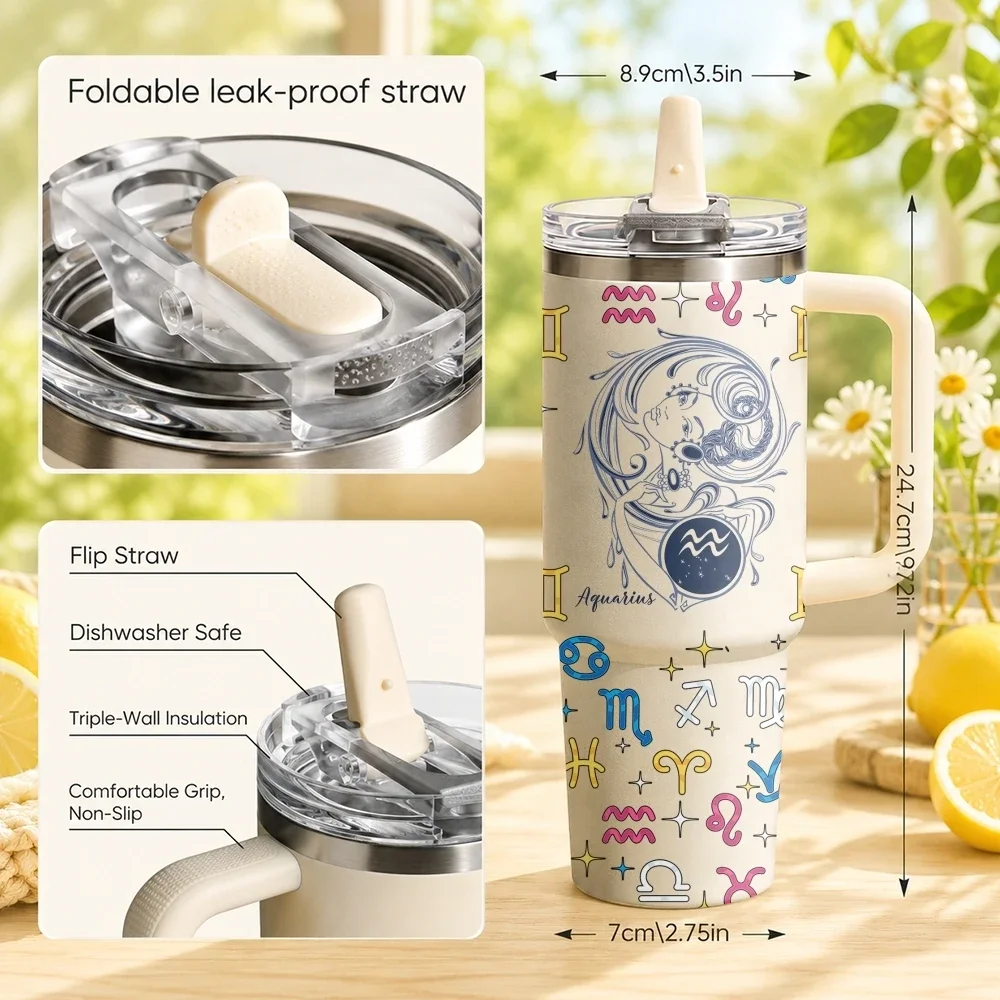 Twelve Zodiac Signs Vacuum Flasks 40oz Thermal Tumbler with Handle Stainless Steel Vacuum Insulated Leak Proof Travel Mug