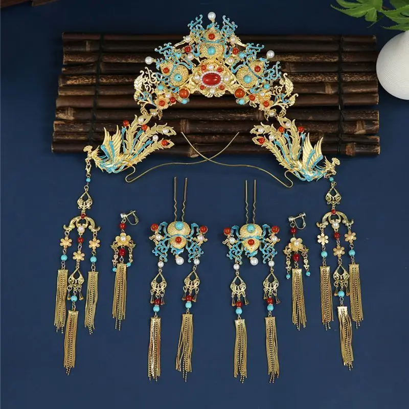 Ancient Costume Chinese Hanfu Clothing Ancient Style Ming Dynasty Phoenix Crown Step Shaking Tassel Hairpin Hair Accessories