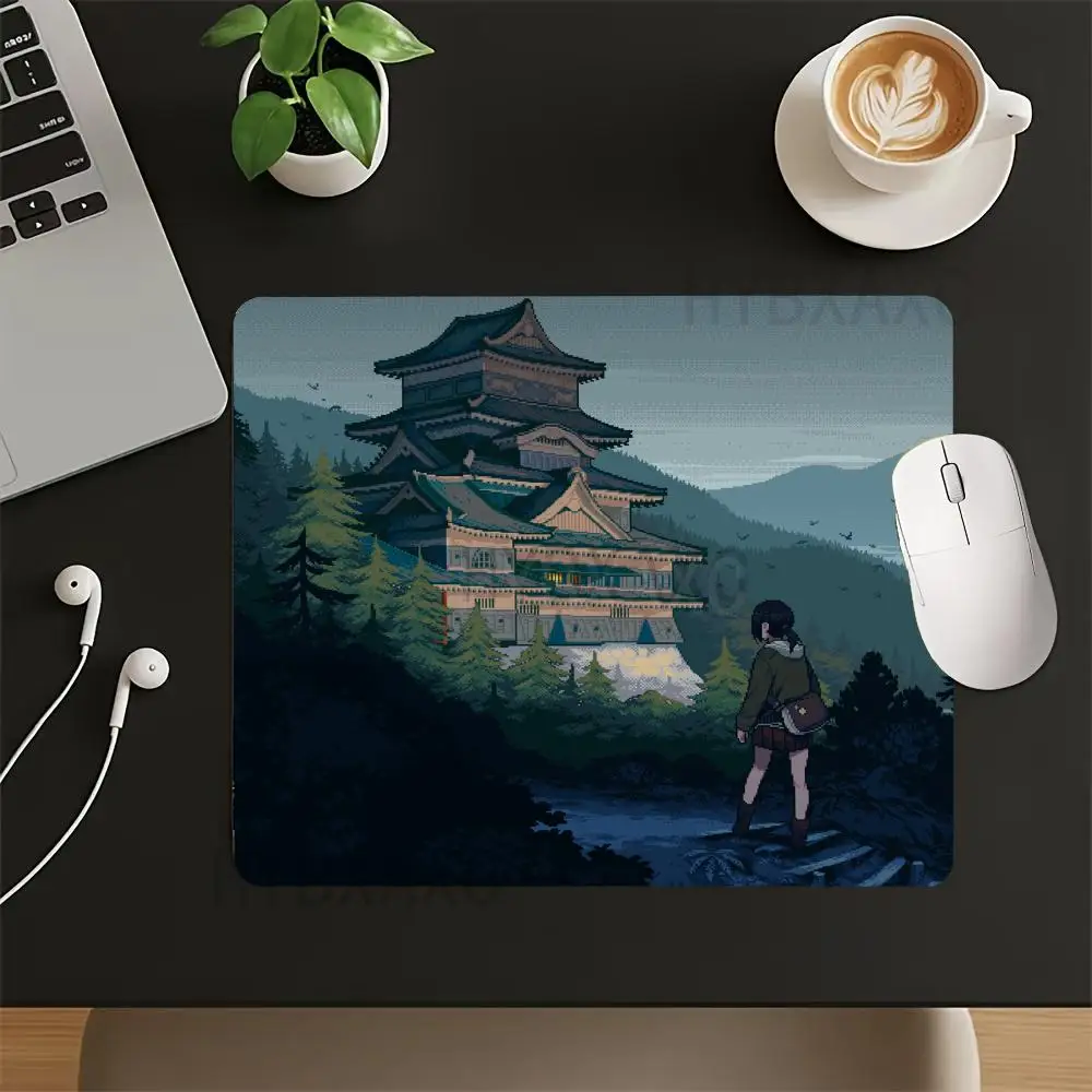 HYBXAXC Small Mouse Pad Rubber Non-slip For Office Gaming Pixel Japanese Castle Forest Scene Desk Mat