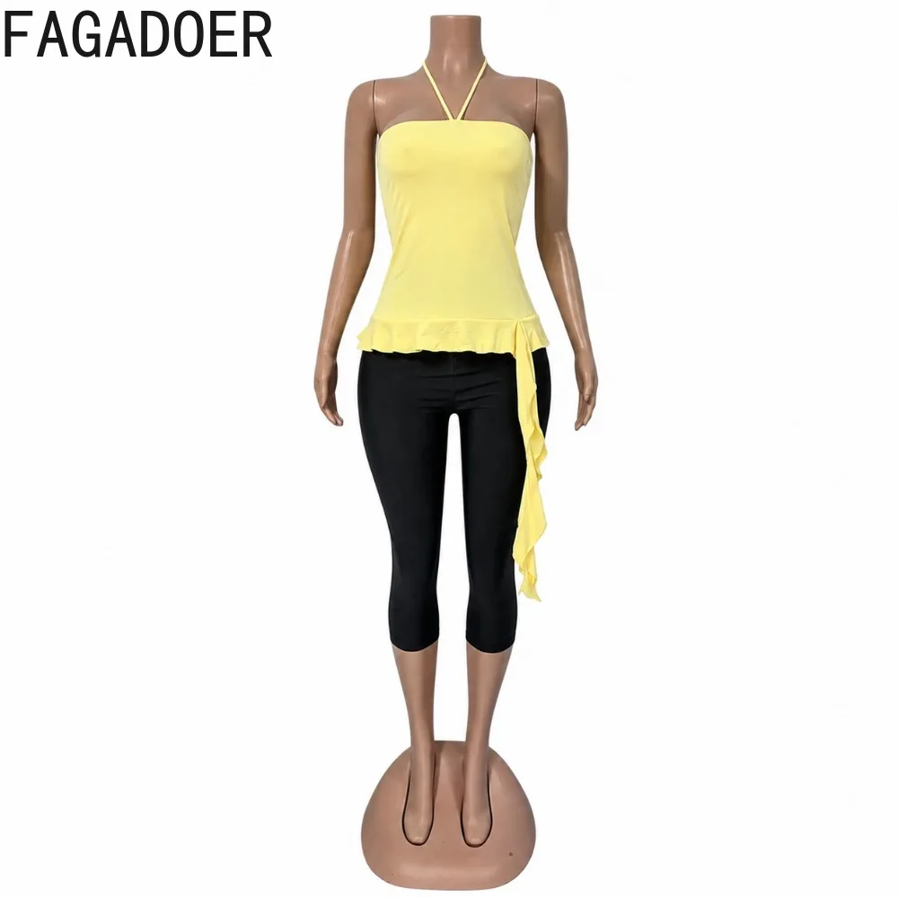 FAGADOER Women Fashion Ruched 2 Piece Set Sexy Lace-up Backless Ruffled Crop Top Bodycon Capri Pants Outfit Streetwear Club Suit view 6