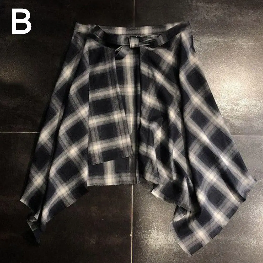 Lässiger Unisex-Rock mit unregelmäßigem Karomuster, Schleifenknoten, elastischer Taille, Hemdstil, blau-weißes Gittermuster, Mini-A-Linien-Kurzrock – Detail 16