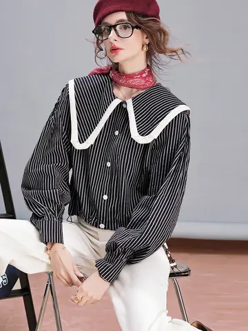 Women Short Stripe Shirt Blouse Top Loose Fit Sailor Collar Casual Fashion Chic Long Sleeve Streetwear