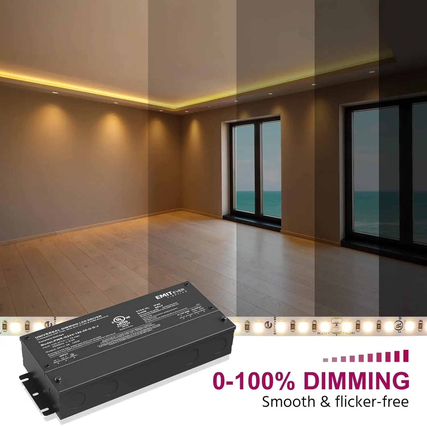 Emitever ไดรเวอร์ LED หรี่แสงได้120W ตัวจ่ายไฟแบบหรี่ไฟได้, หม้อแปลง AC เป็น DC 24V สำหรับไฟ LED, เข้ากันได้กับ lutron