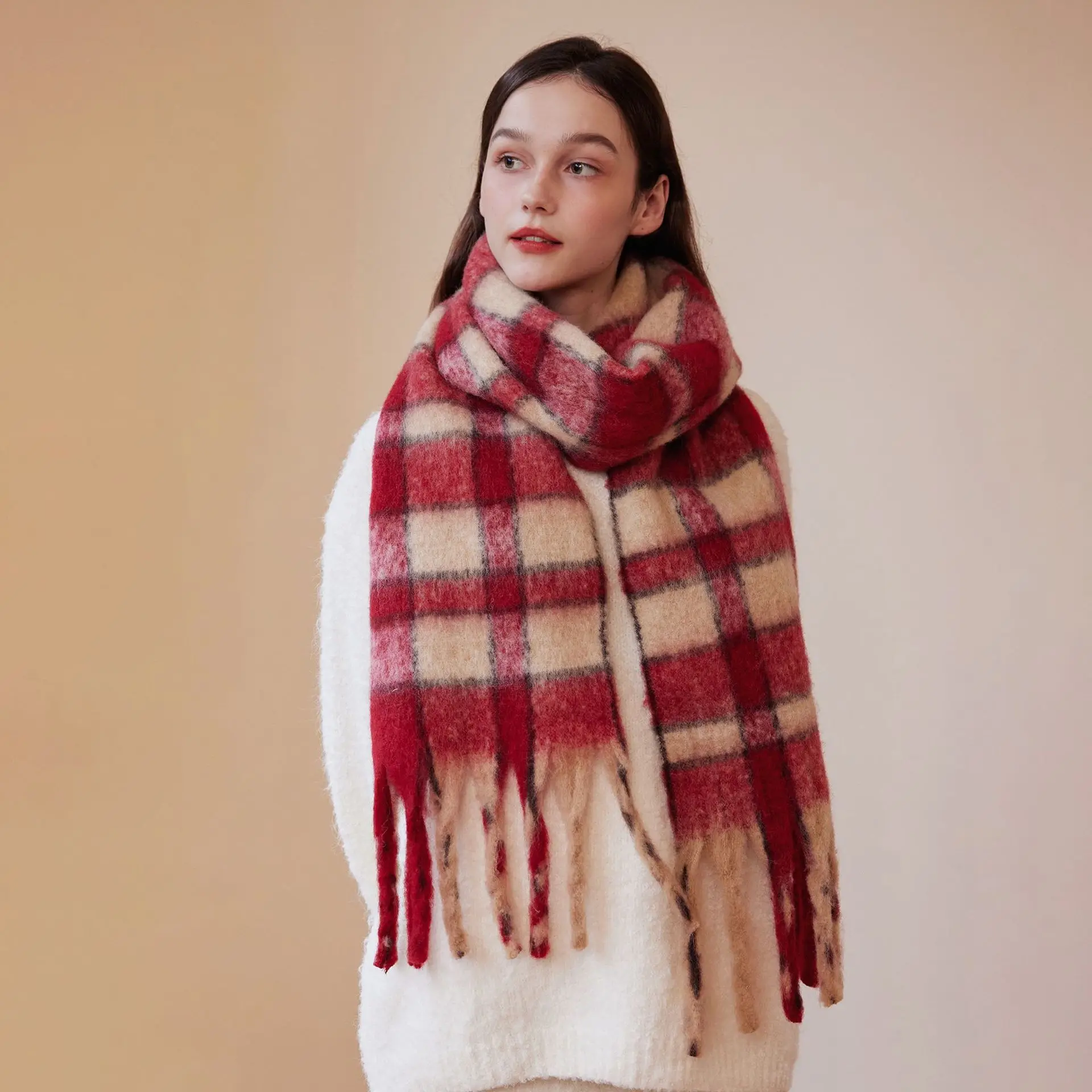 20% Wool Designer Simple Plaid Scarf Autumn Winter Women Soft Warm Tassel Shawl 225*29CM