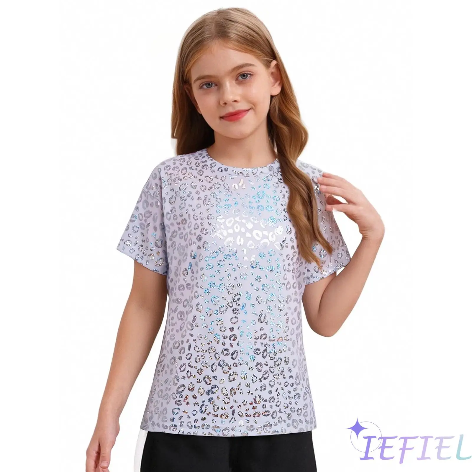 

Girl Jazz Dance Top Street Dance Metallic Leopard Print T-shirt Round Neck Short Sleeve Top Party Stage Performance Costume