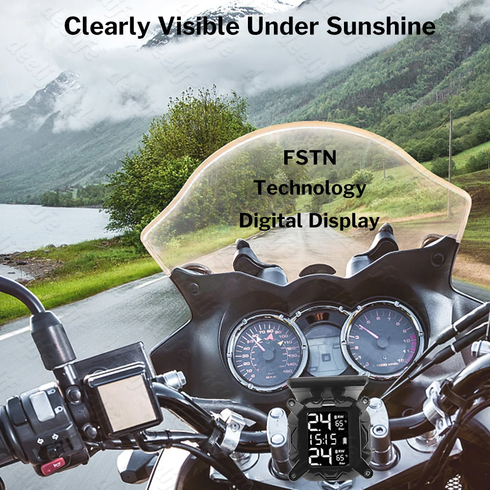 TPMS Solar Charging Wireless Motorcycle TPMS Motor Tire Pressure  Temperature Monitoring Alarm System With 2 External Sensor