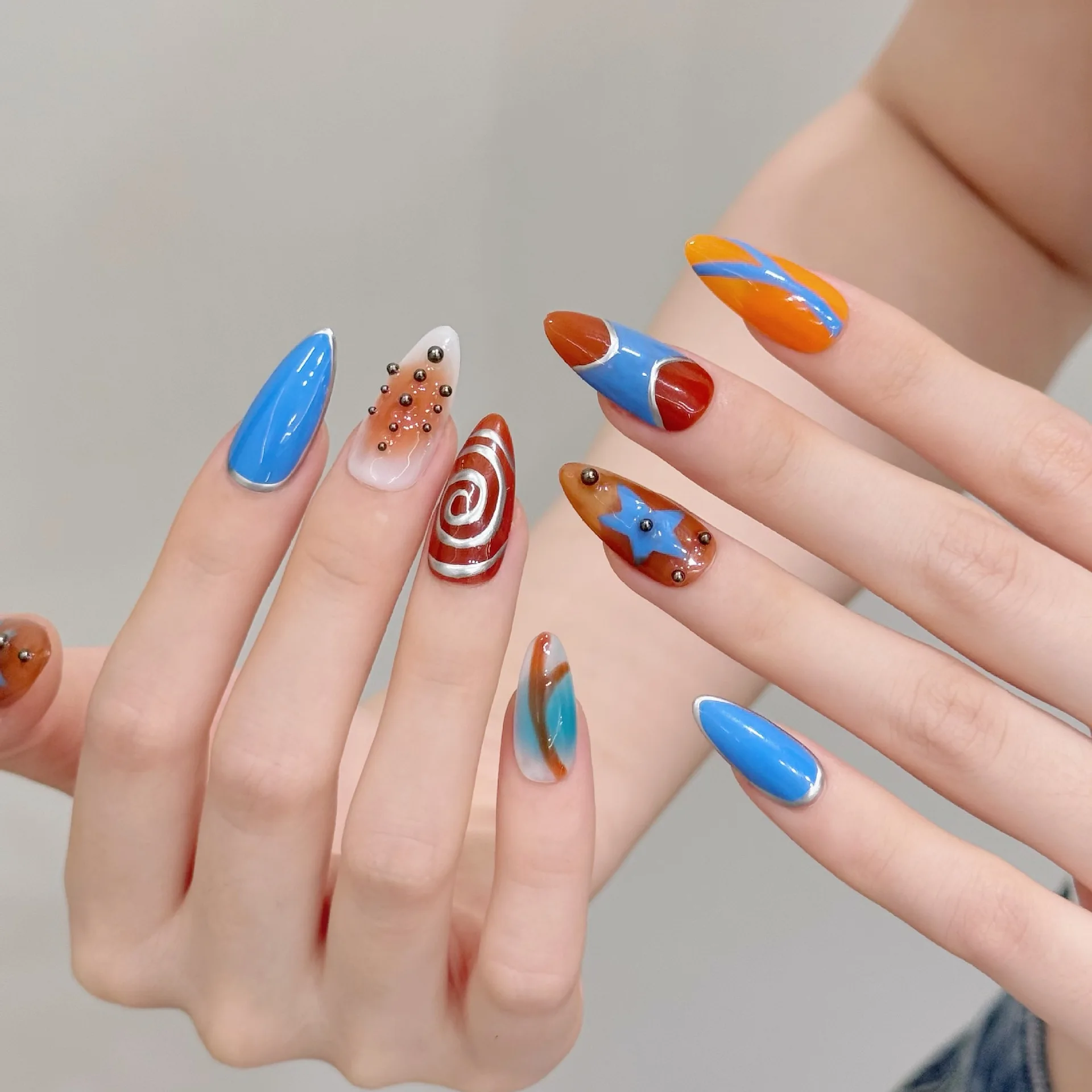 10 peças de luxo artesanal imprensa em unhas design estilo linha de amêndoa com ferramenta de 3 peças abas adesivas de cola para unhas