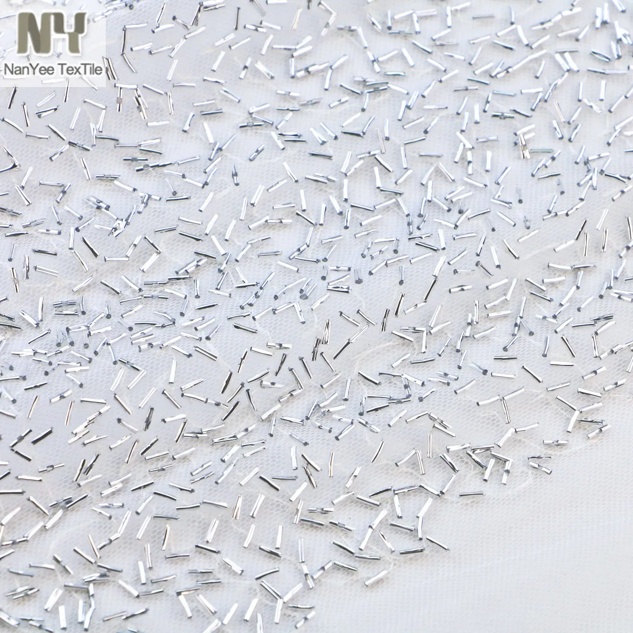 New Elegant Width 130cm White Silver Beads Tube Embroidery Lace Tulle Fabric Roll Sequined For Wedding Gown