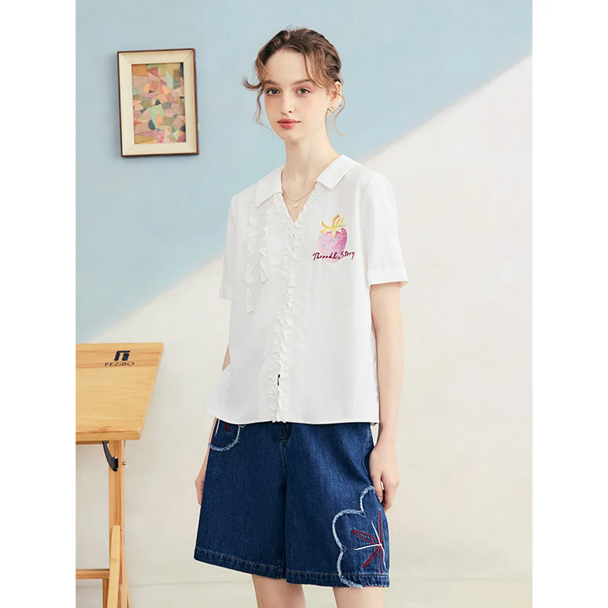 

Strawberry Gummy Cute Print Ruffle Trim Short Sleeve Blouse