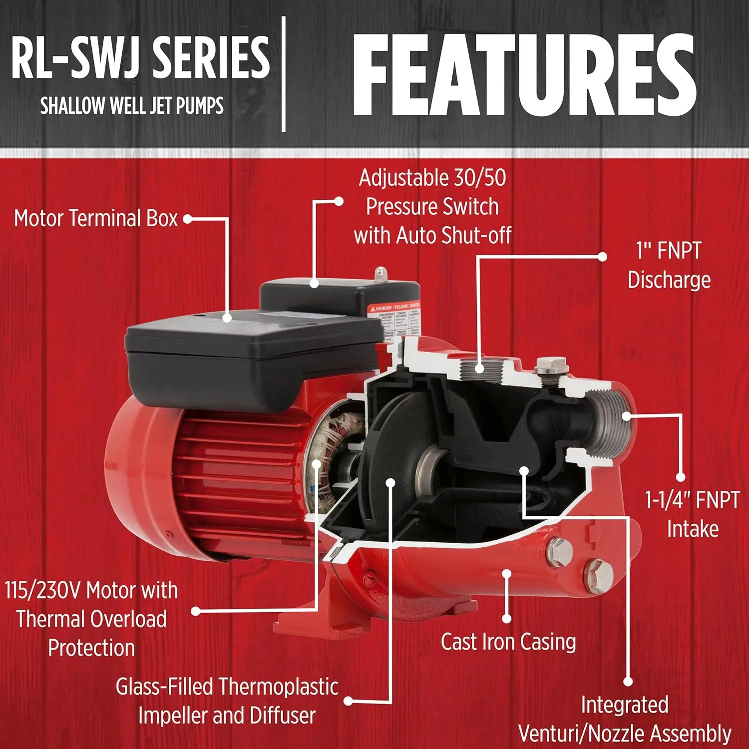 RL-SWJ100 1 HP, 17 GPM Dual Voltage (115/230 Volts) Cast Iron Shallow Well Jet Pump, Red, 97081001