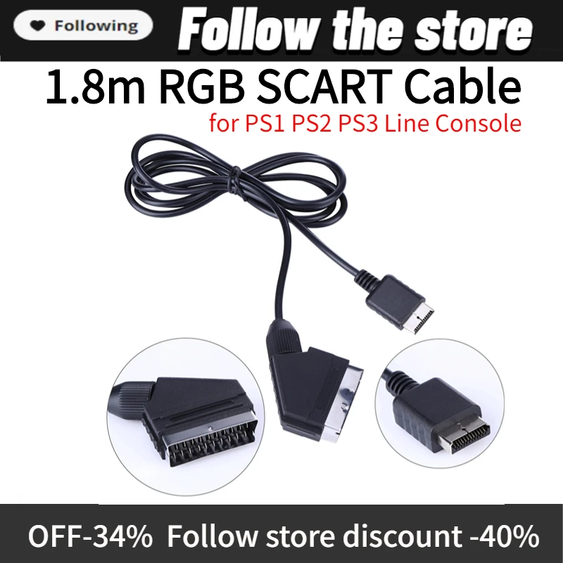 1.8m RGB Scart Cable For Sony Playstation PS1 PS2 PS3 TV AV Lead Replacement Connection Game Cord Wire for PAL/NTSC Consoles