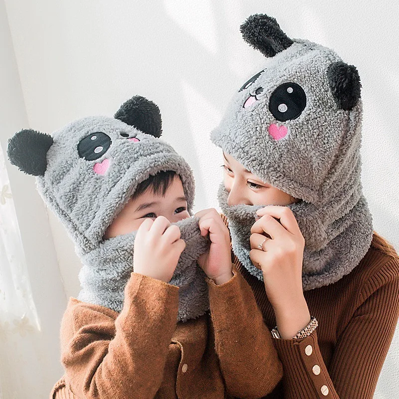 Gorro de dibujos animados para niños, bufanda de dos piezas con capucha, otoño e invierno, lindo Conejo, Panda, mantiene el calor, pelusa, espesa el