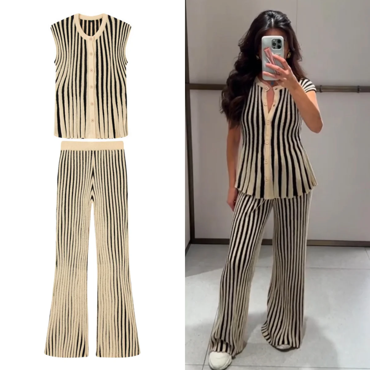 

UNIZERA Casual Chic Suit Striped Drop Shoulder Sleeveless Knit Top + High Waist Pants 2025 Summer New Arrivals Women's Clothing