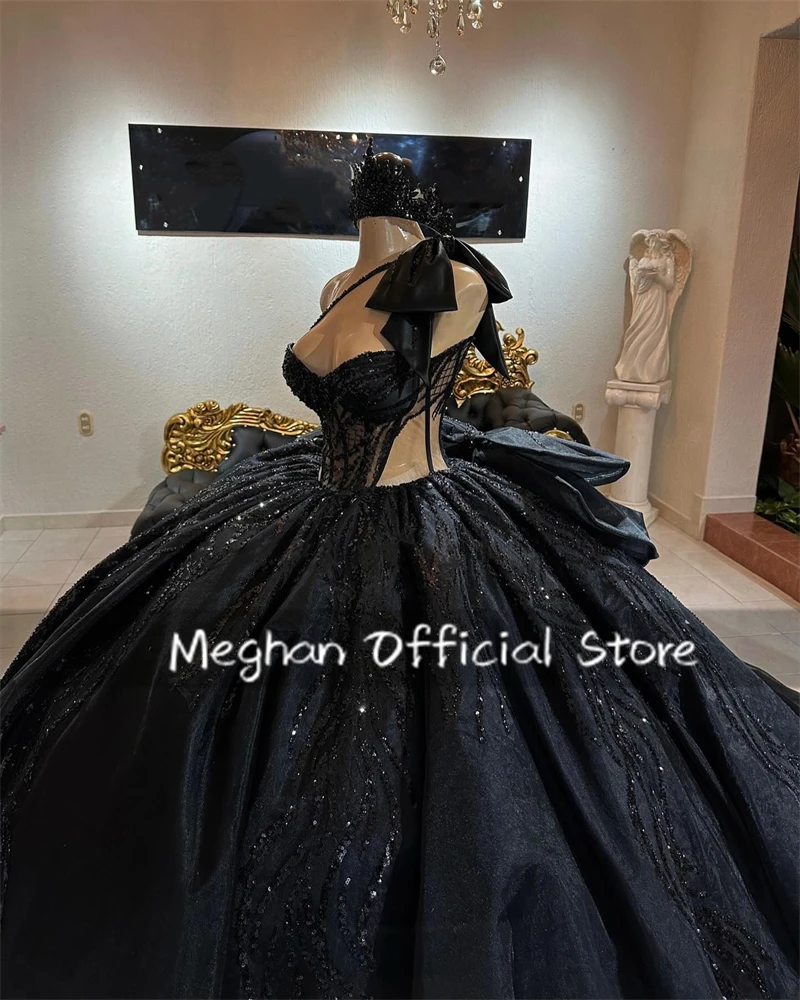 Mexico Black One Shoulder Sequin Quinceanera Dress Ball Gown Bead Applique 2024 Birthday Dress Bow Princess Gown Customized