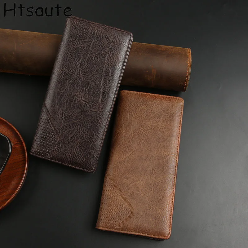 

Wallet men's pu leather wallets long solid color purse card holder bag storage black coffee brown clip hand-held bag gift