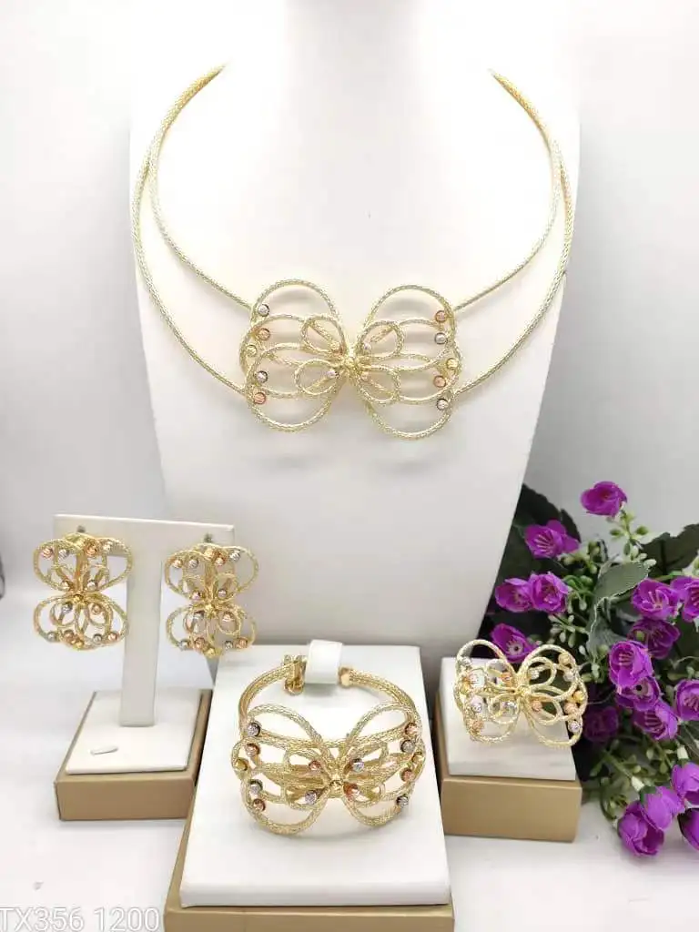 Textured Three Tone Geometric Shape Brazilian Jewelry Fabulous llaveros Collar Pulseras pin Pendient tentacles Anillo 4PC Set