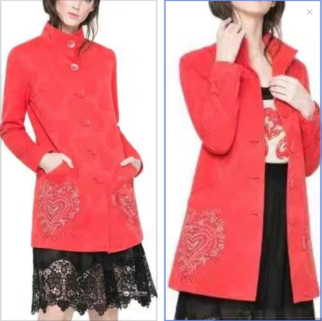 

Foreign trade original single Spanish vintage embroidery dark flower stand collar medium long trench coat