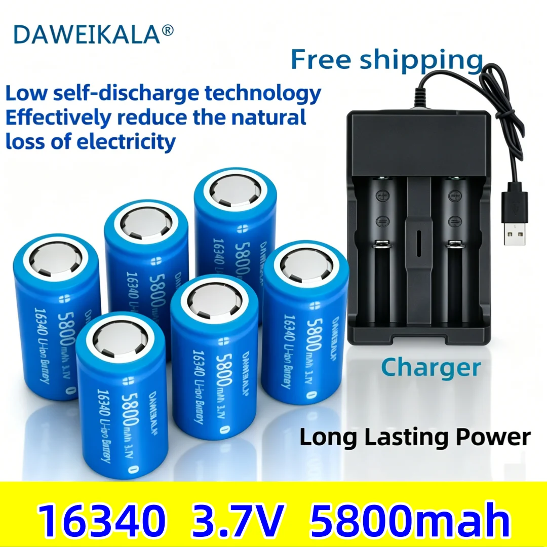 2026 New 3.7V 16340 CR123A Li-ion  Battery Rechargeable Batteriy 5800mAh CR123 for Laser Pen LED Flashlight Cell Security Camara