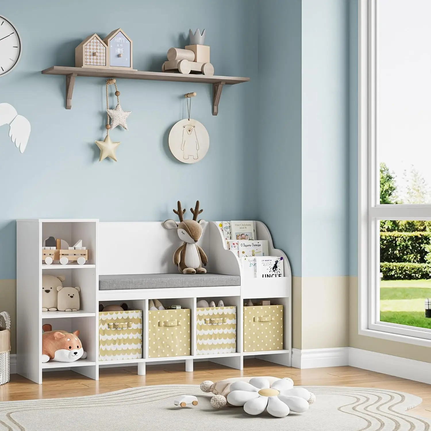 Coin de lecture pour enfants, bibliothèque et banc pour crèche, étagère à livres avec coussin d'assise et 6 cubes de rangement