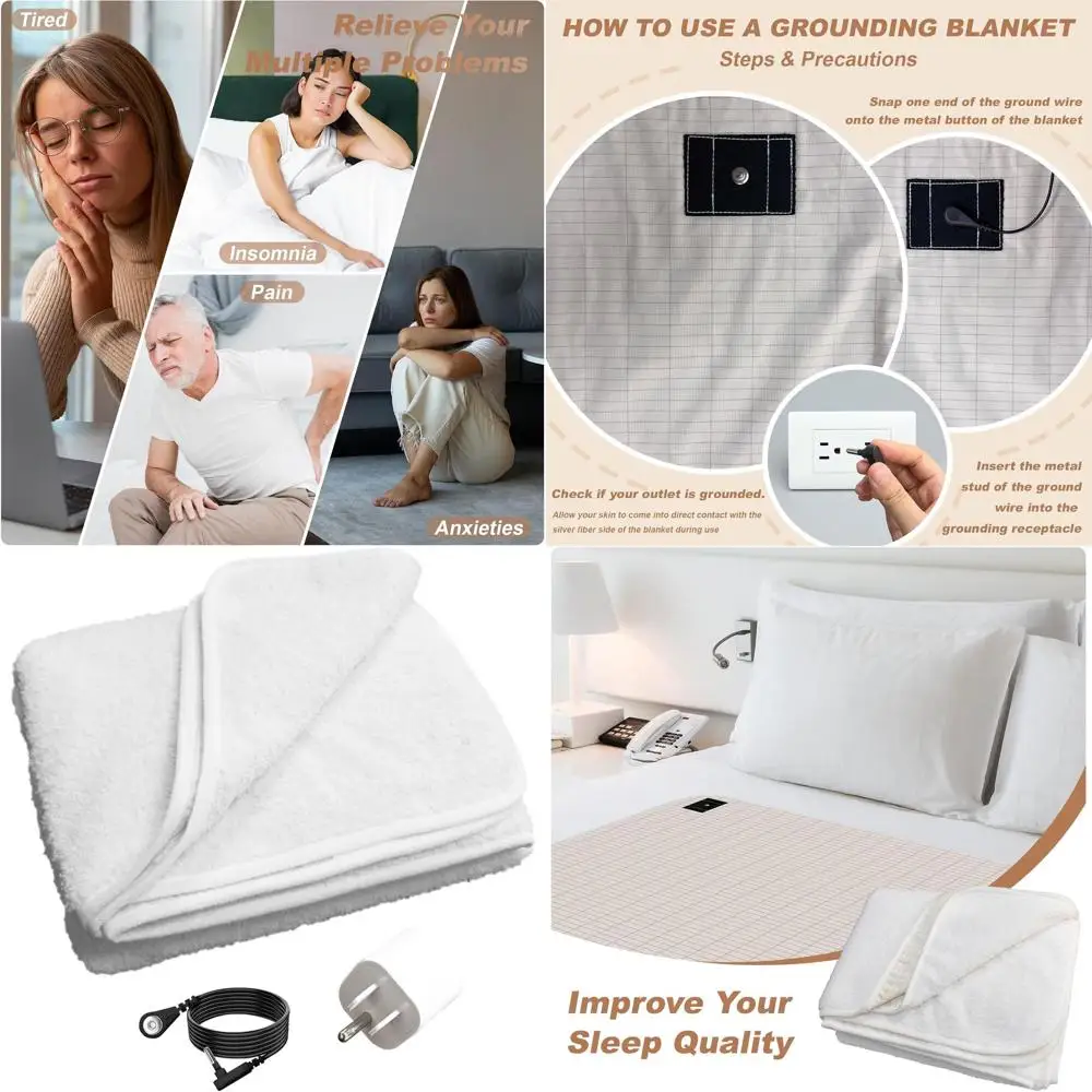 

Cozy Cream Grounding Throw Blanket, 47x59, Enhances Sleep & Reduces Fatigue with Earthing Plug