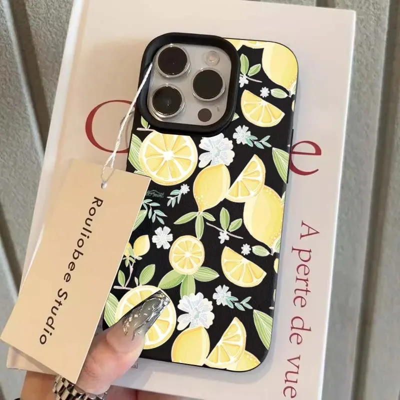 حافظة لهاتف آيفون 16 15 14 13 12 11 برو ماكس شريحة الليمون الأصفر Lichee نمط غطاء الهاتف آيفون 16 15 14 Plus Funda