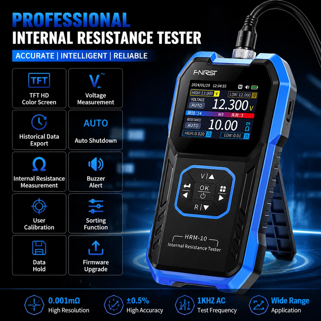 FNIRSI HRM-10 High Precision Battery Internal Resistance Tester 1kHz True 4-Wire 0-200Ω 0-100V 18650 Battery Voltage Meter